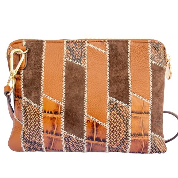 G.I.L.I. Brown Tan Embossed Snake Croc Leather Suede Patchwork Crossbody Purse - Picture 2 of 11